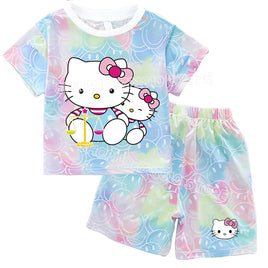 Hello Kitty Sets Summer Breathable Soft Children Clothes Baby Girls Cute Cartoon Short Sleeve Thin Two Piece Suit Gift KT266Y-KT906K