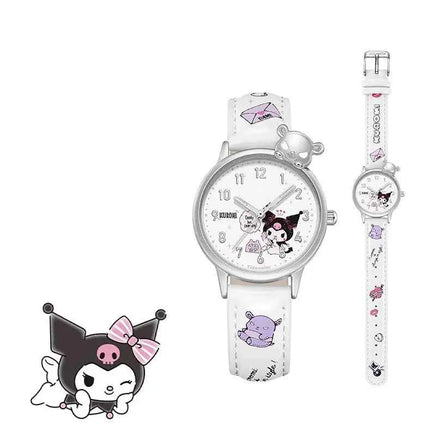Sanrio Water Resistant Watches Kawaii Cartoon Anime Hello Kitty Kuromi Cinnamoroll High Quality White Leather Watch Girl Gifts 06