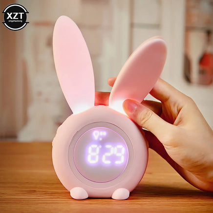 Mini Cartoon LED Digital Alarm Clock Electronic LED Display Sound Control Cute Rabbit Night Lamp Desk Rechargeable Clock