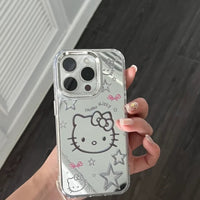 Cute Cartoon Sanrio Y2K Hello Kitty Silver Plating Phone Case For iPhone 16 15 14 13 12 11 Pro Max Cases Mirror Surface Cover Only Case