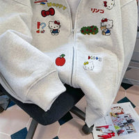 Sanrio Hello Kitty Plaid Hooded Sweatshirt Kawaii Women's Couple Zipper Jacket Cartoon Anime Accessories Breathable Sportswear