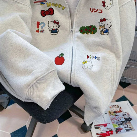 Sanrio Hello Kitty Plaid Hooded Sweatshirt Kawaii Women's Couple Zipper Jacket Cartoon Anime Accessories Breathable Sportswear