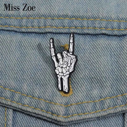 Halloween Skeletal Hand Enamel Pins Custom Rock and Roll Gesture Brooches Lapel Badges Punk Gothic Jewelry Gift for Kids Friends
