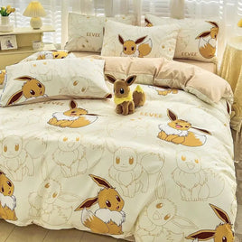 Pokemon Series Eevee Dragon 100% Cotton 4-piece set, Children's Cartoon 3-piece set of Sheet Pillowcase Quilt Cover Lusy Store