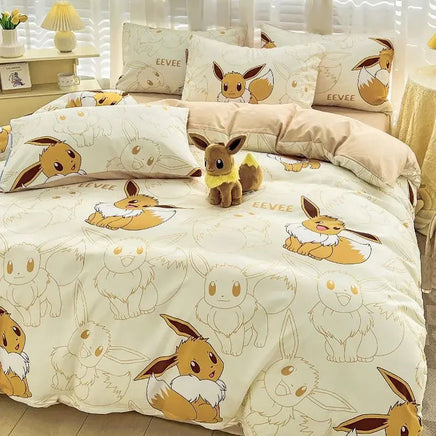Pokemon Series Eevee Dragon 100% Cotton 4-piece set, Children's Cartoon 3-piece set of Sheet Pillowcase Quilt Cover Lusy Store