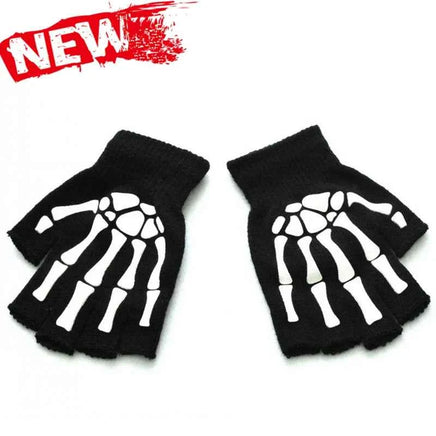 New Adult Cosplay Halloween Skeleton Skull Half Finger Punk Gloves Glow in the Dark Fingerless Stretch Knitted Winter Mittens style 1