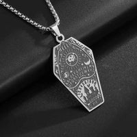 Retro Bat Coffin Castle Badge Stainless Steel Pendant Necklace for Men and Women Punk Halloween Jewelry Gift AL21412-Silver