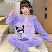 Sanrio Pajamas Kuromi Anime Children Comfortable Coral Cartoon Cute Warm Casual Home Clothing
