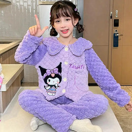 Sanrio Pajamas Kuromi Anime Children Comfortable Coral Cartoon Cute Warm Casual Home Clothing