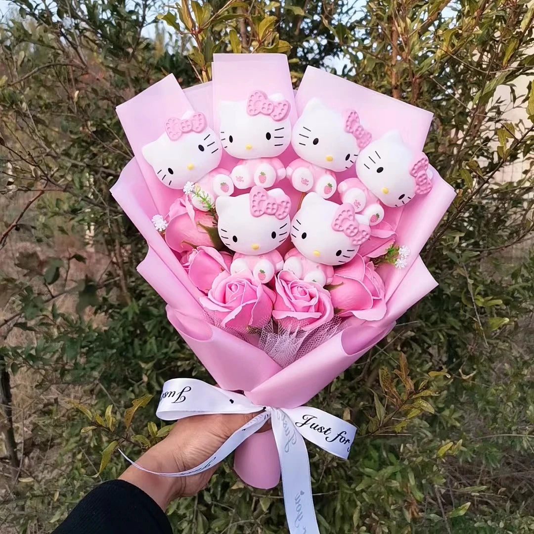 Lusy Store LLC Hello Kitty Plush Bouquet Rose Soap Flowers Wedding Party Decoration Christmas Valentine's Day Gift Bouquet