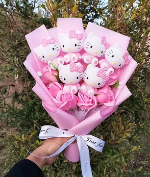 Lusy Store LLC Hello Kitty Plush Bouquet Rose Soap Flowers Wedding Party Decoration Christmas Valentine's Day Gift Bouquet