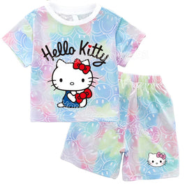 Hello Kitty Sets Summer Breathable Soft Children Clothes Baby Girls Cute Cartoon Short Sleeve Thin Two Piece Suit Gift KT981Y-KT906K