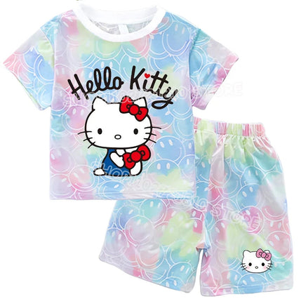 Hello Kitty Sets Summer Breathable Soft Children Clothes Baby Girls Cute Cartoon Short Sleeve Thin Two Piece Suit Gift KT981Y-KT906K