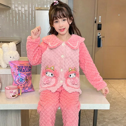 Sanrio Pajamas Kuromi Anime Children Comfortable Coral Cartoon Cute Warm Casual Home Clothing C
