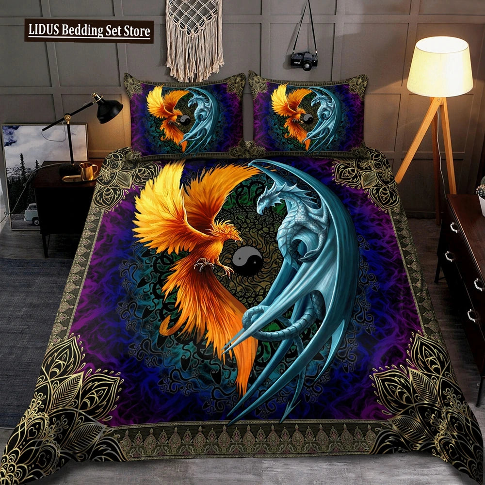 Dragon And Phoenix Duvet Cover Set Full Queen Size, Fantasy World Monster Gothic Bedding Sets Bohemian Mandala Comforter Cover Lusy Store