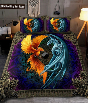 Dragon And Phoenix Duvet Cover Set Full Queen Size, Fantasy World Monster Gothic Bedding Sets Bohemian Mandala Comforter Cover Lusy Store