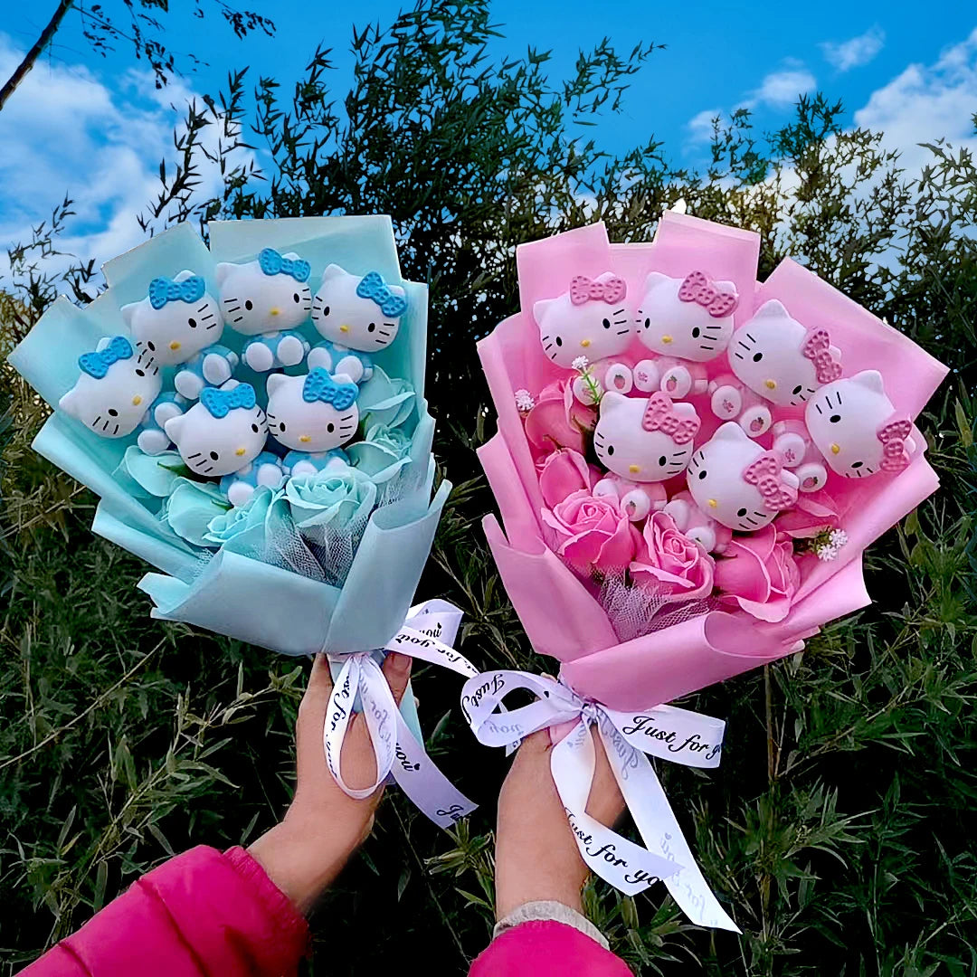 Lusy Store LLC Hello Kitty Plush Bouquet Rose Soap Flowers Wedding Party Decoration Christmas Valentine's Day Gift Bouquet