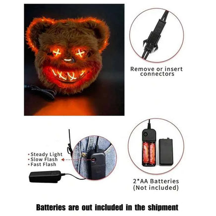 Horror Bloody Rabbit Bear Mask Halloween LED Luminous Animal Simulation Fur Mask Cosplay Masquerade Party Costume Decoration