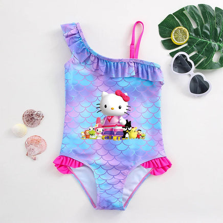 Hello Kitty Girls Swimsuit Mermaid Fish Scale One-Piece Bathing Suits Children's Dresses Kids Wear Summer Swimwear Beach Suit