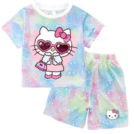 Hello Kitty Sets Summer Breathable Soft Children Clothes Baby Girls Cute Cartoon Short Sleeve Thin Two Piece Suit Gift KT900Y-KT906K