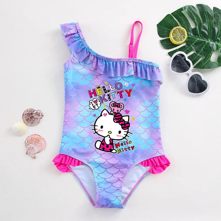 Hello Kitty Girls Swimsuit Mermaid Fish Scale One-Piece Bathing Suits Children's Dresses Kids Wear Summer Swimwear Beach Suit 014