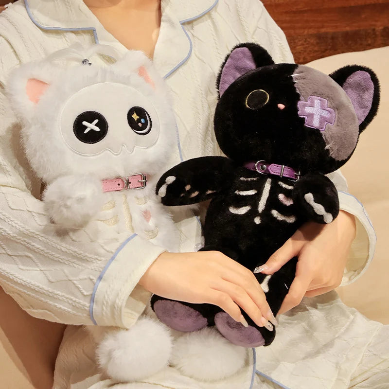 Lusy Store LLC Black White Kitten Scary Darkness Skeleton Cartoon Animal Doll Plush Toy Stuffed Halloween's Days Decor Present Plush