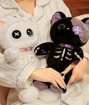 Lusy Store LLC Black White Kitten Scary Darkness Skeleton Cartoon Animal Doll Plush Toy Stuffed Halloween's Days Decor Present Plush