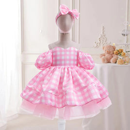 Movie Pink Party Cospaly Costume for Girl Bow Plaid Princess Ball Gown Role Up Birthday Dresses for Girls Tutu Halloween Costume pink 2pcs
