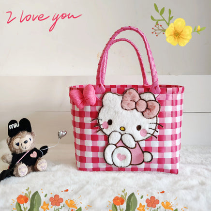 Sanrio Hello Kitty Handmade Limited Edition Sea Salt Blue College Style Kitty Cat Woven Bag For Girls Y2k Handbag Periphery C