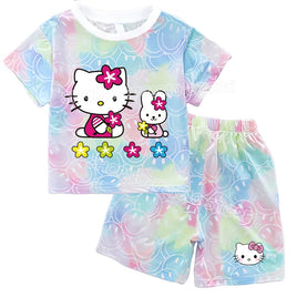 Hello Kitty Sets Summer Breathable Soft Children Clothes Baby Girls Cute Cartoon Short Sleeve Thin Two Piece Suit Gift KT524Y-KT906K