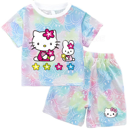 Hello Kitty Sets Summer Breathable Soft Children Clothes Baby Girls Cute Cartoon Short Sleeve Thin Two Piece Suit Gift