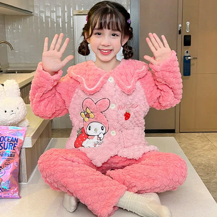 Sanrio Pajamas Kuromi Anime Children Comfortable Coral Cartoon Cute Warm Casual Home Clothing L
