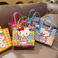 Sanrio Hello Kitty Handmade Limited Edition Sea Salt Blue College Style Kitty Cat Woven Bag For Girls Y2k Handbag Periphery