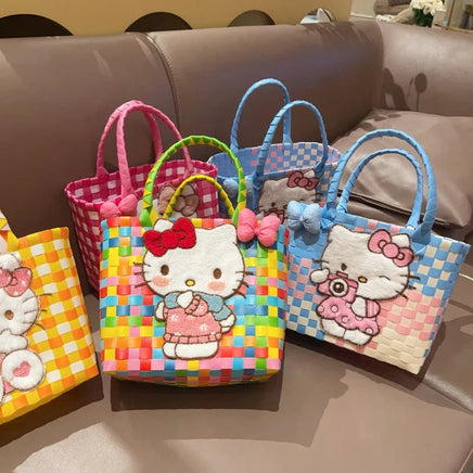 Sanrio Hello Kitty Handmade Limited Edition Sea Salt Blue College Style Kitty Cat Woven Bag For Girls Y2k Handbag Periphery