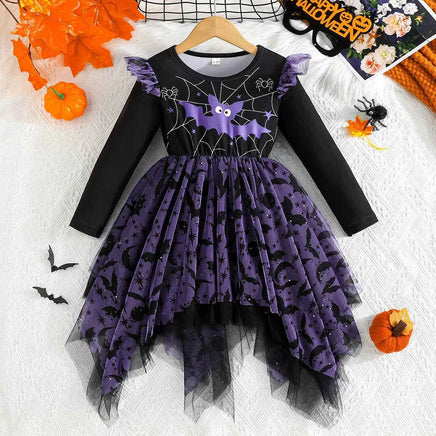 1-5Y Toddler Girls Halloween Dresses For Kids Long Sleeve Allover Bat Printed Party Dresses Children Baby Halloween Costumes Purple Bat
