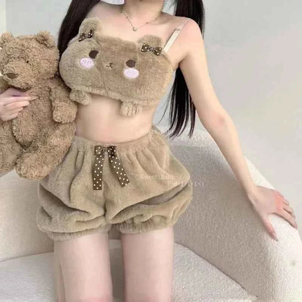 New Sanrio Kuromi Japanese thickened plush girl cute pajamas tube top set Melody Cinnamoroll kawaii sweet home wear wholesale bear