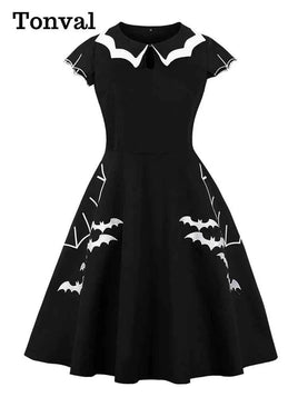 Tonval Bat Embroidery Halloween Costumes Party Vintage Dresses for Women Cap Sleeve Keyhole Front Cotton Retro A Line Dress
