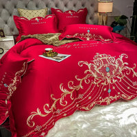 Egyptian Cotton Bedding Set Golden Embroidery Home Textiles Super Soft Bed Duvet Sheet Set King Queen Size Chic Stitch Linen 이불 Lusy Store
