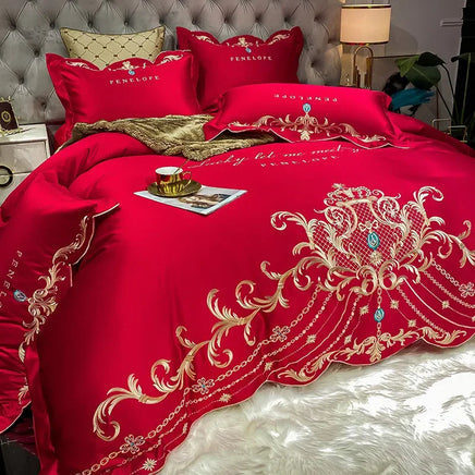 Egyptian Cotton Bedding Set Golden Embroidery Home Textiles Super Soft Bed Duvet Sheet Set King Queen Size Chic Stitch Linen 이불 Lusy Store