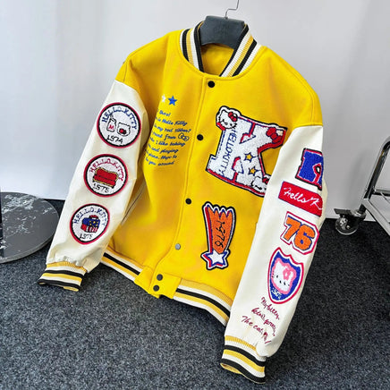 Hello Kitty Baseball Jacket Coat Hoodie Men Women Print Sport Baseball Uniforms Motorcycles Warm Coats Cardigan Tops Clothes Top Yellow