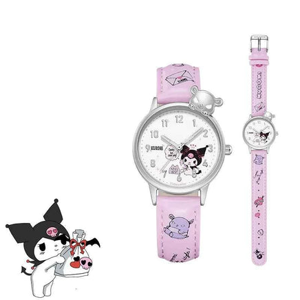 Sanrio Water Resistant Watches Kawaii Cartoon Anime Hello Kitty Kuromi Cinnamoroll High Quality White Leather Watch Girl Gifts 05
