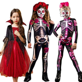 Girls Ghost Bride Gothic Rose Skeleton Scary Halloween Cosplay Costume Dress Role Play Carnival Children Party Outfit