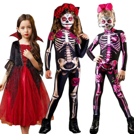 Girls Ghost Bride Gothic Rose Skeleton Scary Halloween Cosplay Costume Dress Role Play Carnival Children Party Outfit