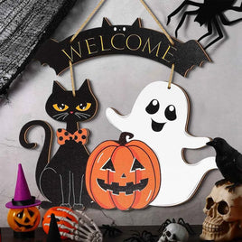 Halloween Decorative Wooden Sign with Black Cat, Pumpkin and Ghost - "Welcome" Design for Door Hanging L