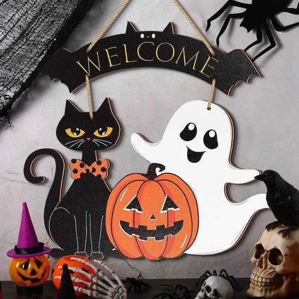 Halloween Decorative Wooden Sign with Black Cat, Pumpkin and Ghost - "Welcome" Design for Door Hanging L