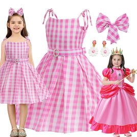 Girls Pink Barbie Princess Dress Movie Role Playing Costume With Belt Plaid Sling Dress Halloween Birthday Outfit Dress Up 2-10T
