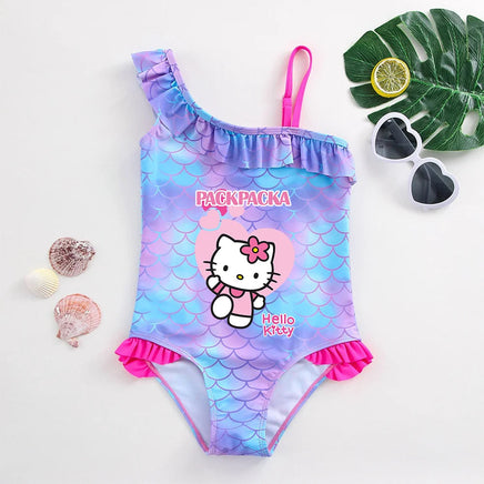 Hello Kitty Girls Swimsuit Mermaid Fish Scale One-Piece Bathing Suits Children's Dresses Kids Wear Summer Swimwear Beach Suit