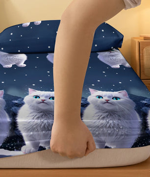 Lusy Store 1 piece of blue eyed white cat patterned matte bedsheet, bedroom printed bedspread, bedding (excluding pillowcases) 