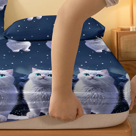 Lusy Store 1 piece of blue eyed white cat patterned matte bedsheet, bedroom printed bedspread, bedding (excluding pillowcases) 