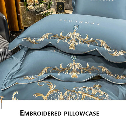 Egyptian Cotton Bedding Set Golden Embroidery Home Textiles Super Soft Bed Duvet Sheet Set King Queen Size Chic Stitch Linen 이불 Lusy Store
